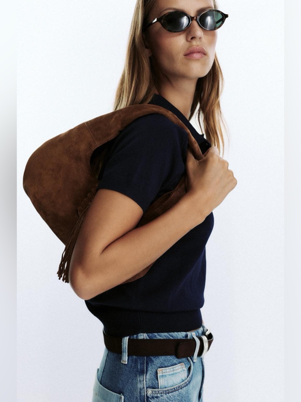 Zara Natural Suede Braided-Trim Fringe Hobo Bag in Brown - Picture 6 of 8